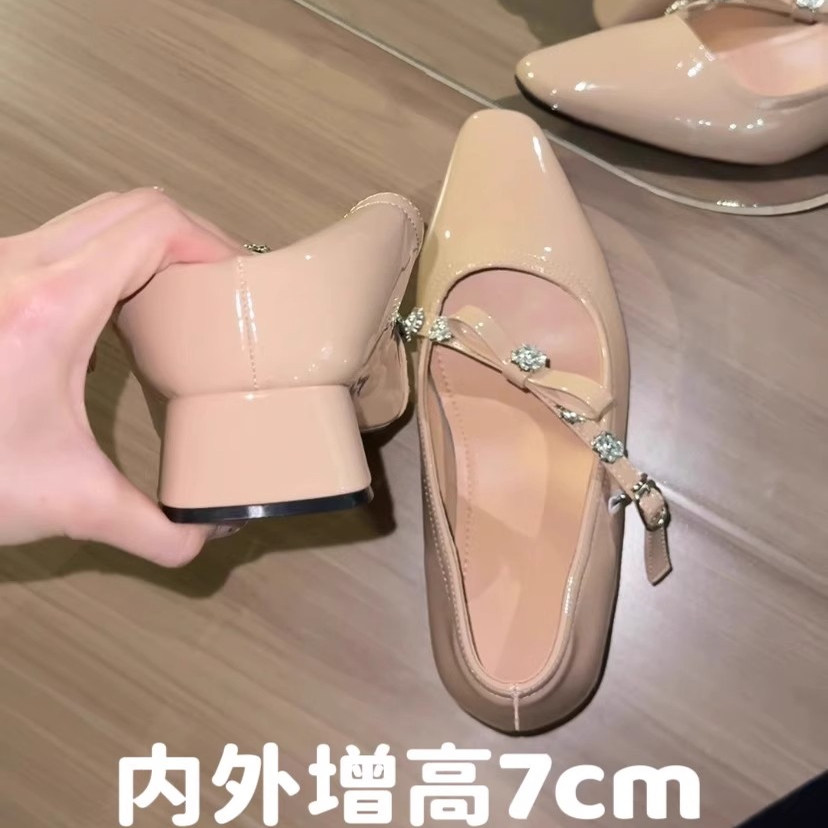 裸色水钻带高跟玛丽珍女粗跟单鞋