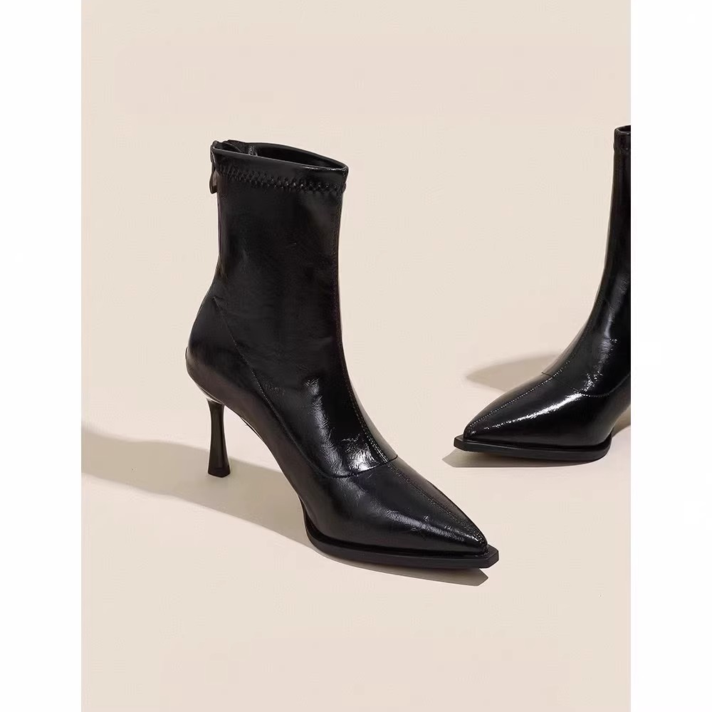 后拉链软皮短靴弹力时装靴