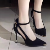 大码 绒面黑色高跟鞋 胖款 职业工作鞋 女成人礼加快新款 尖头气质单鞋