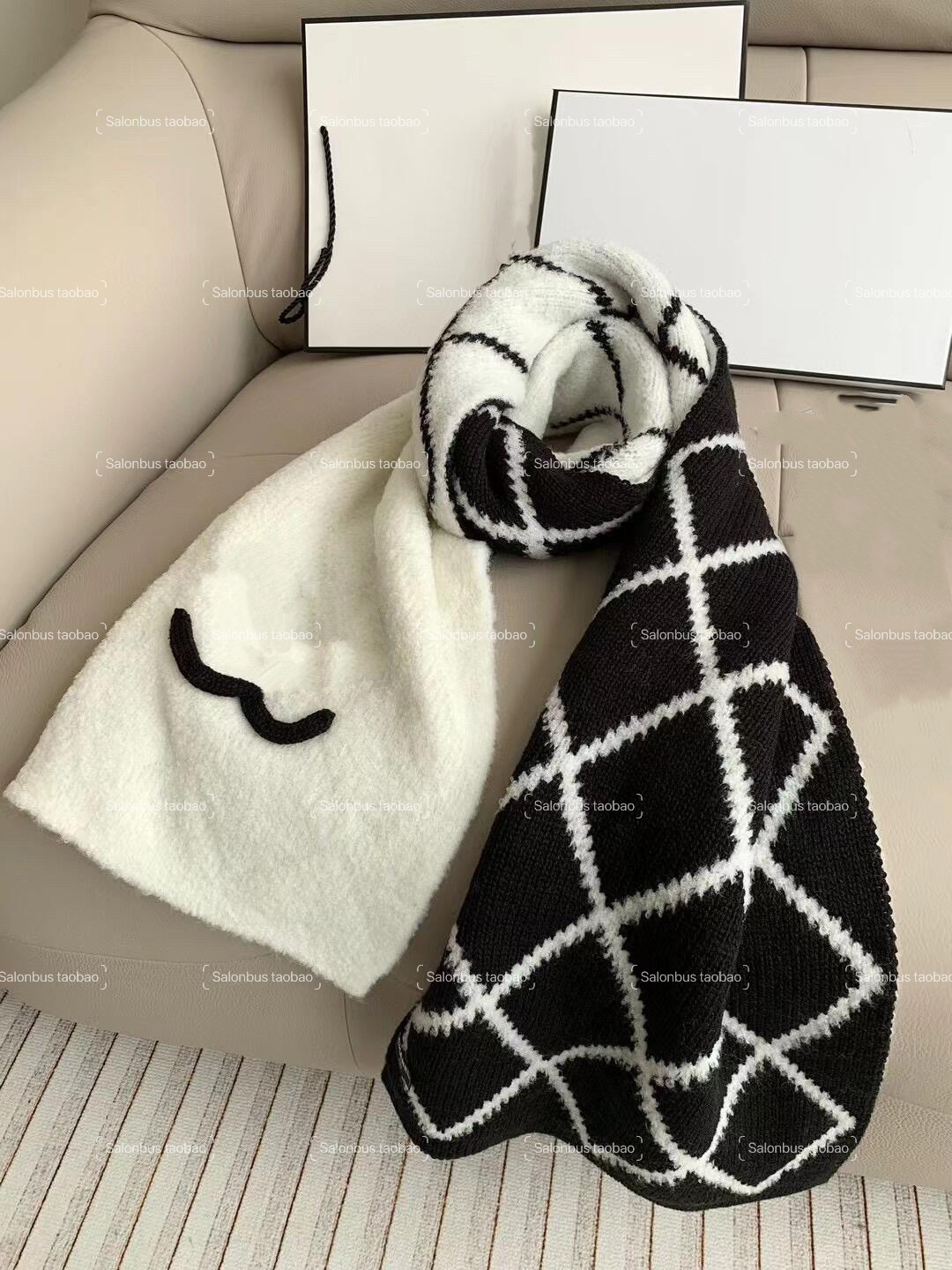 高品质25B小香风黑白格子羊毛针织围巾女保暖双面两用长围脖披肩
