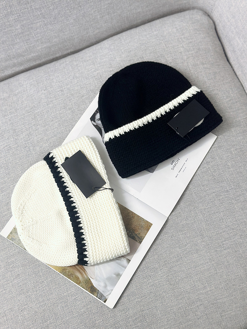 高品质25C小香风黑白拼色羊毛针织帽女保暖护耳冷帽显脸小时尚