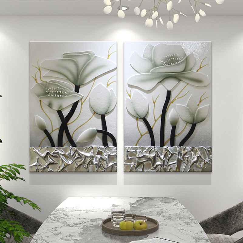 轻奢高档餐厅装饰画现代简约饭厅背景墙挂画3D立体花卉壁画皮雕画图片