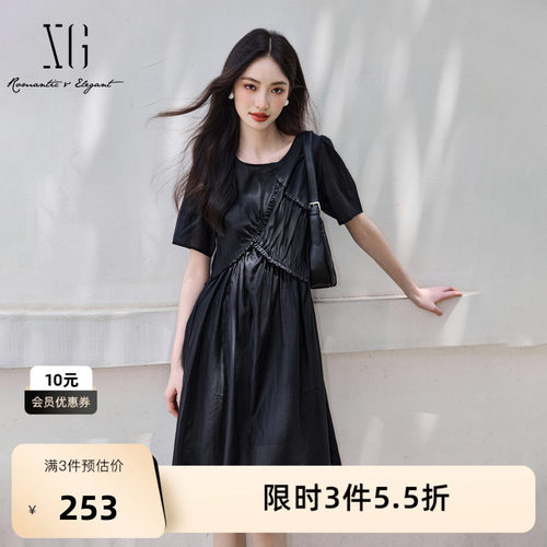 XG雪歌黑色网纱两件套连衣裙时尚夏季新款花边短袖莱赛尔a字裙女
