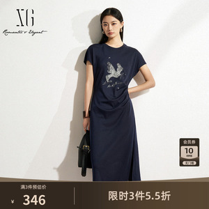 XG雪歌莱赛尔短袖连衣裙2026春季新款 收腰开叉圆领修身显瘦T裙女