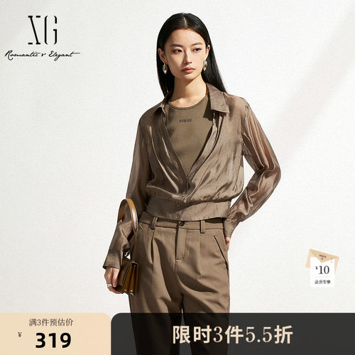 XG雪歌复古咖色长袖翻领衬衫2025春季新款微透设计通勤简约上衣女