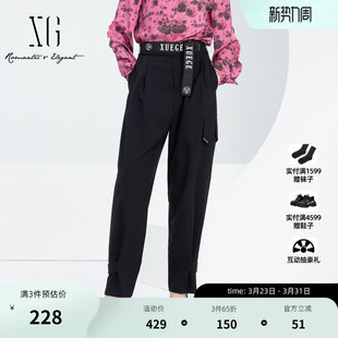 袢设计束脚直筒裤 XG雪歌通勤简约羊毛混纺休闲裤 裤 新款 女 2025春季