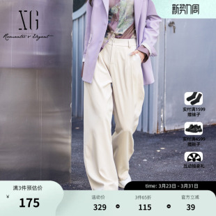 创意背带设计直筒长裤 XG雪歌通勤简约米白色休闲裤 新款 春季 女 时尚