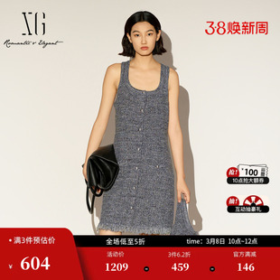 XG雪歌深灰色无袖设计连衣裙2026春季新款通勤风简约针织中长裙女