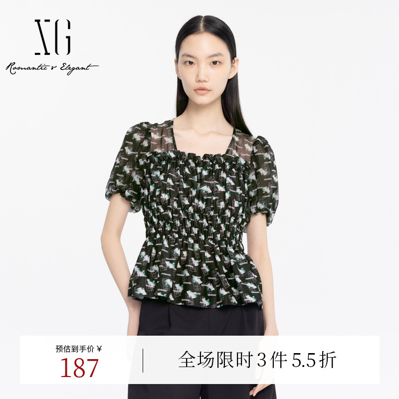 XG雪歌碎花大方领收腰短袖衬衫时尚夏季新款灯笼袖遮肉显瘦上衣女