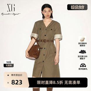 【单件立减】 XG雪歌卡其色棉感V领短袖连衣裙2026秋季新款中裙女