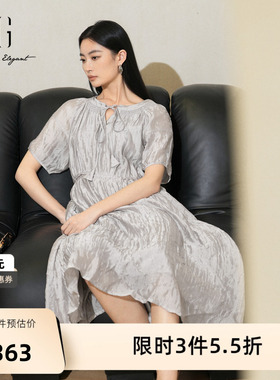 XG雪歌淑女风灰色短袖连衣裙2025夏季新款薄款圆领套头A字裙女装