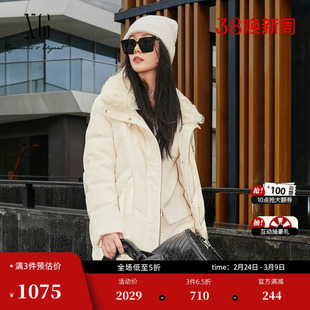 XG雪歌米白色毛领拼接羽绒服2025冬季新款中长款加厚鸭绒外套女装