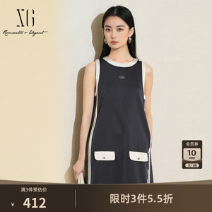XG雪歌藏青色无袖设计连衣裙2025夏季新款设计感印花A字短裙女装
