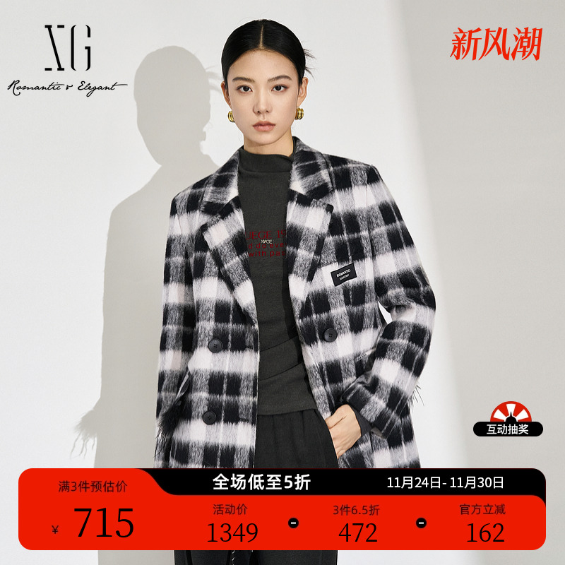 XG雪歌复古黑白格纹毛呢外套2024冬季新款通勤中长款绵羊毛大衣女