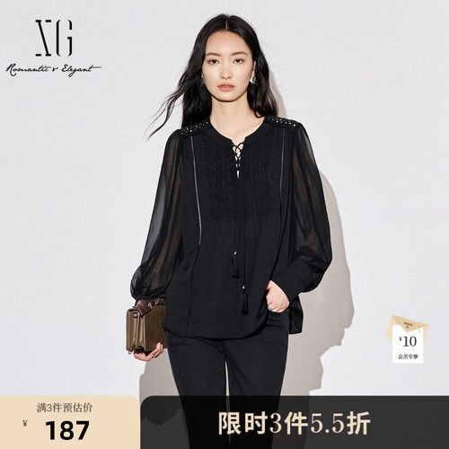 XG雪歌黑色网纱拼接长袖衬衫时尚秋季新款镂空设计圆领休闲上衣女