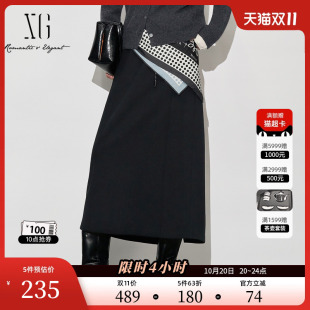 黑色通勤简约A字裙女装 新款 半身裙2025冬季 XG雪歌系带收腰中长款