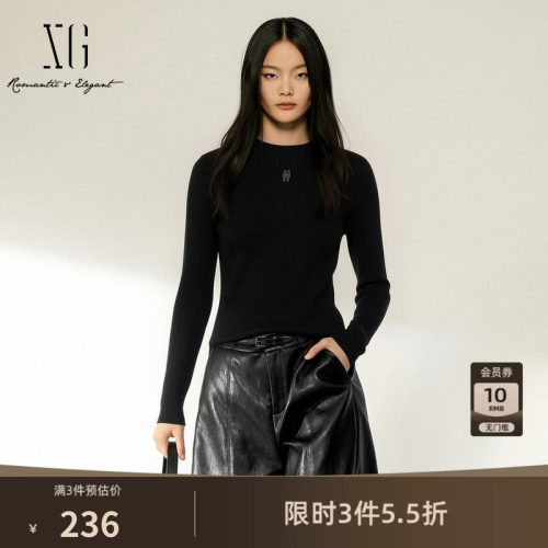 XG雪歌黑色羊毛混纺刺绣圆领针织衫2026冬季新款修身打底毛衣女装