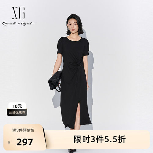 XG雪歌黑色薄款泡泡袖连衣裙2025夏季新款开叉设计套头中长裙女装