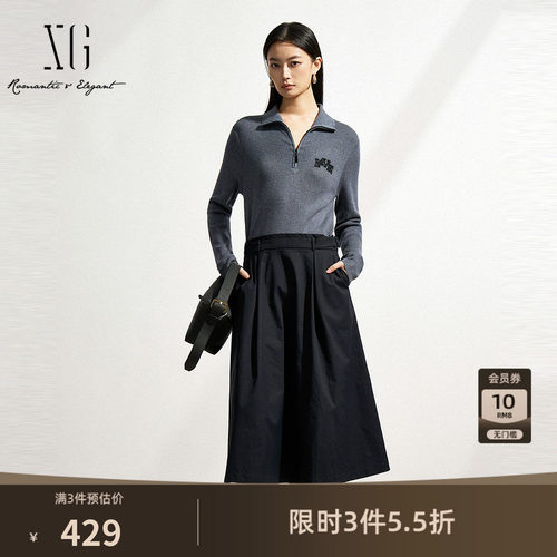 XG雪歌刺绣装饰假两件连衣裙2025春季新款温婉风黑色长袖A字裙女