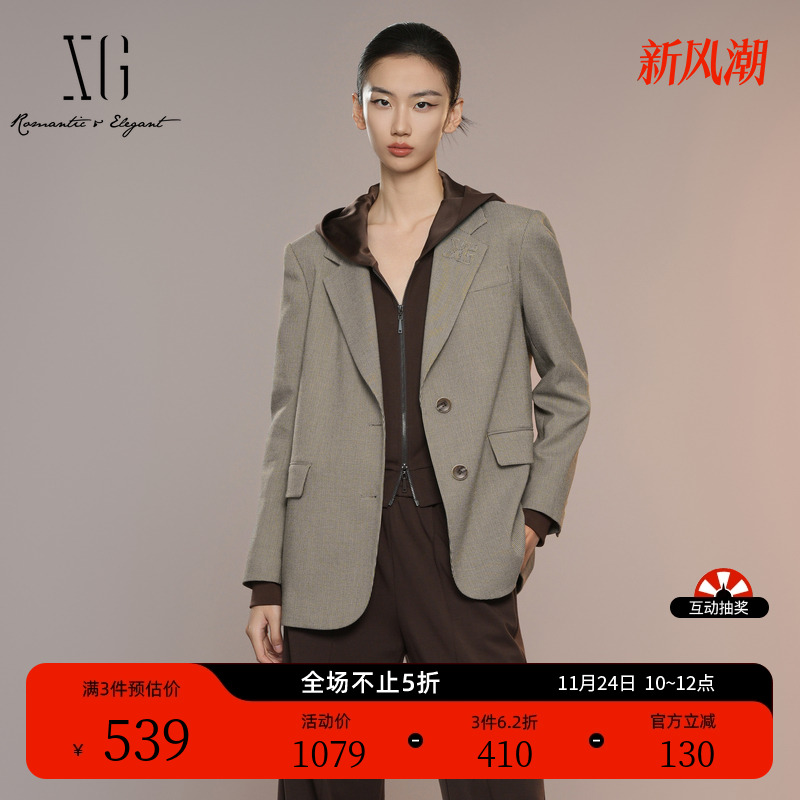 XG雪歌复古格纹设计休闲西装2025秋季新款通勤翻领长袖西装外套女