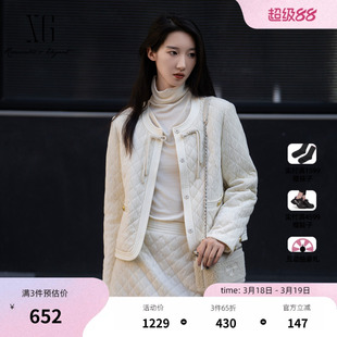 XG雪歌米白色短款鸭绒羽绒服2025冬季新款盘扣设计长袖保暖外套女