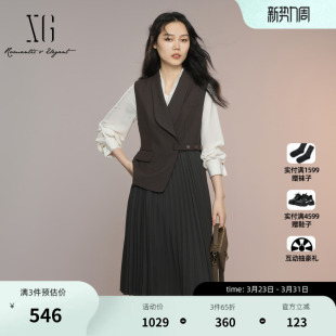 系带设计棕色百褶裙女装 新款 连衣裙2025秋季 XG雪歌假两件设计无袖