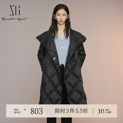 XG雪歌黑色中长款长袖羽绒服2025秋季新款加厚保暖连帽鸭绒外套女