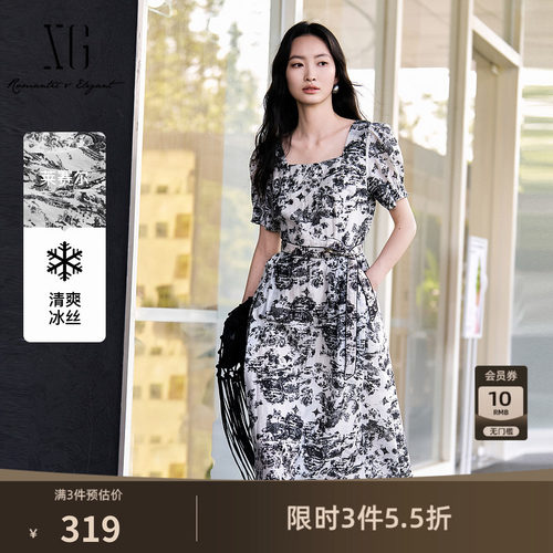 XG雪歌莱赛尔短袖圆领连衣裙2025夏季新款薄款印花套头中长裙女装