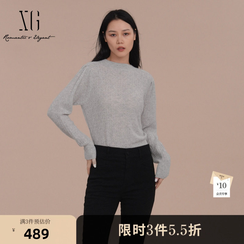 XG雪歌灰色厚款长袖针织衫2025冬季新款通勤山羊绒混纺套头毛衫女