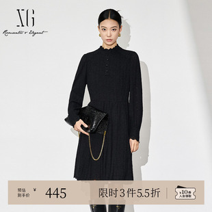 黑色长袖 蕾丝镂空设计A字裙女装 连衣裙时尚 新款 冬季 XG雪歌中长款