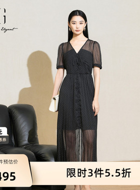 XG雪歌黑色V领连衣裙2025夏季新款时尚简约 波点收腰中长裙女