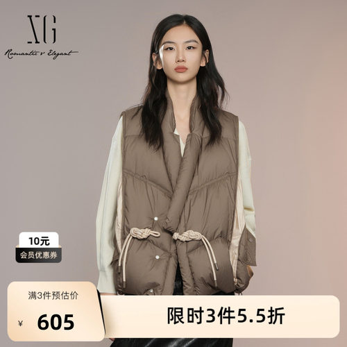 XG雪歌国风盘扣设计羽绒马甲2025秋季新款军绿色中长款马夹外套女