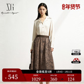 新款 中长款 长袖 XG雪歌花卉印花两件套连衣裙2025春季 衬衫 百褶裙女