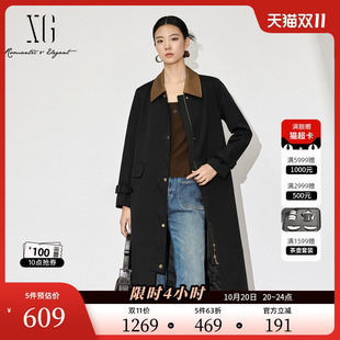 收腰外套女装 XG雪歌撞色翻领长袖 淑女风长款 新款 休闲风衣2025秋季