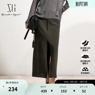 字母松紧A字灰中长裙子女装 XG雪歌咖绿色开叉半身裙2026春季 新款
