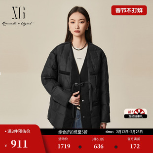 XG雪歌中长款黑色鹅绒羽绒服2025冬季新款厚款通勤长袖保暖外套女