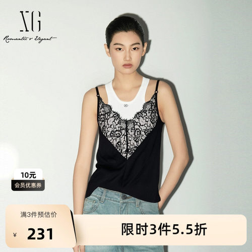 XG雪歌假两件蕾丝拼接背心2026春季新款修身显瘦搭配微透吊带女装