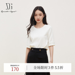 拼接休闲短袖 XG雪歌白色新中式 新款 淑女风T恤时尚 上衣女 秋季