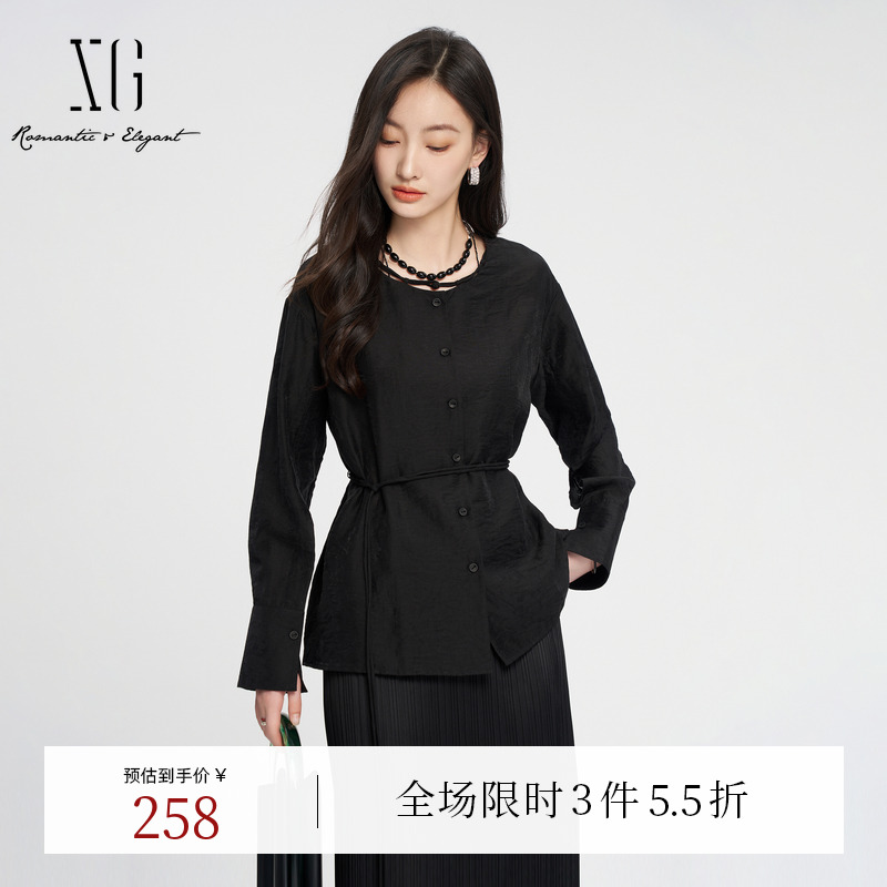 XG雪歌通勤简约黑色长袖衬衫时尚秋季新款莱赛尔圆领休闲上衣女装