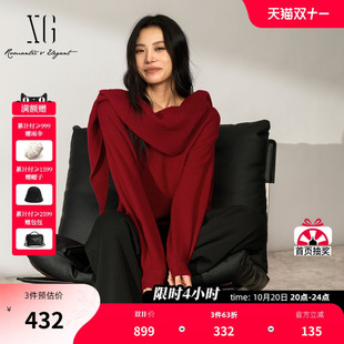 XG雪歌酒红色棉羊毛毛衣2026冬季新款灯笼袖宽松套头毛衣女装