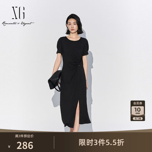 XG雪歌黑色薄款泡泡袖连衣裙2025夏季新款开叉设计套头中长裙女装