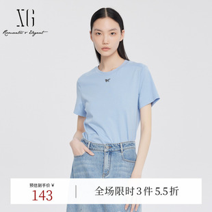 饰蓝色T恤2025夏季 休闲圆领 XG雪歌钉珠装 新款 上衣女 套头短袖 修身