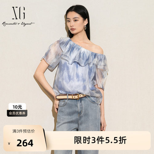 XG雪歌印染设计通勤短袖衬衫2025夏季新款拼色设计一字领上衣女装