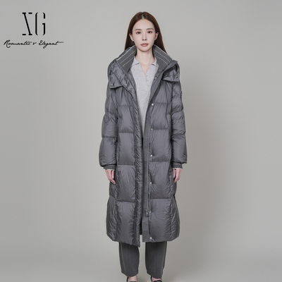XG雪歌拼接设计白鸭绒羽绒服2025冬季新款灰色长款加厚保暖外套女