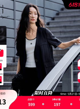 XG雪歌薄款通勤简约短袖外套2025夏季新款黑色中长款V领外套女装
