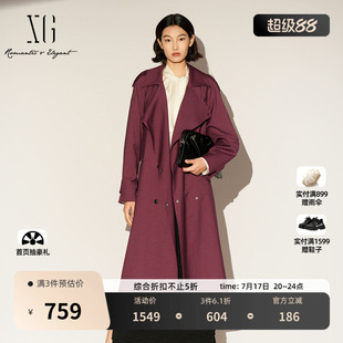 XG雪歌酒红色中长款休闲风衣2026春季新款翻领设计长袖风衣外套女