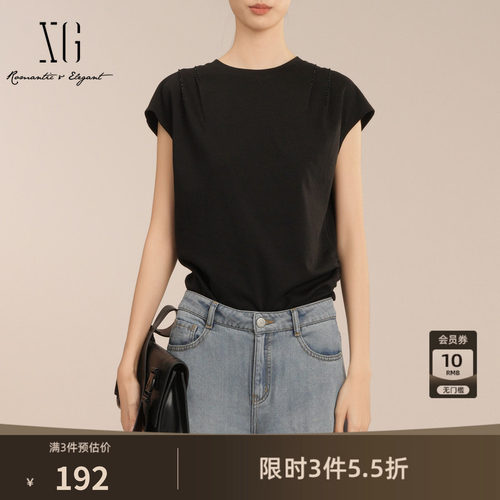 XG雪歌黑色无袖设计莱赛尔T恤2025夏季新款钉珠装饰圆领上衣女装