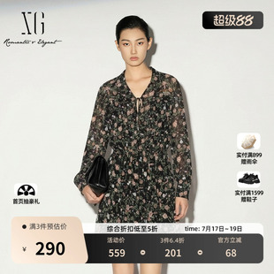 XG雪歌花版翻领长袖连衣裙2026夏季新款 碎花薄款休闲A字中裙女装
