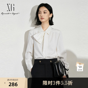 XG雪歌米白色莱赛尔长袖 2025冬季 新款 领带搭配翻领设计上衣女 衬衫