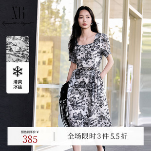 印花套头中长裙女装 XG雪歌莱赛尔短袖 薄款 新款 圆领连衣裙2025夏季